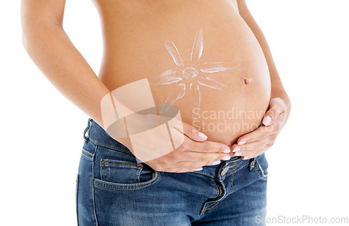 Image of Pregnant woman, stomach and sunscreen cream on body, white background or beauty cosmetics. Skincare, pregnancy abdomen and lotion of sun protection, aesthetic wellness and healthy maternity in studio