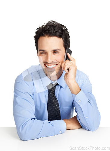 Image of Phone call, business and man on studio background for communication, negotiation and mobile networking. Male model, worker and talking on smartphone for corporate deal, stock market trading and sales