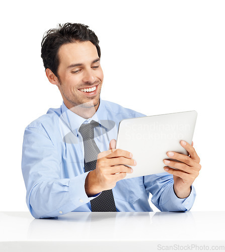 Image of Social media, video and businessman reading on tablet for work, communication and app. Website, contact and happy executive man with tech for connectivity, wifi and online news on a white background