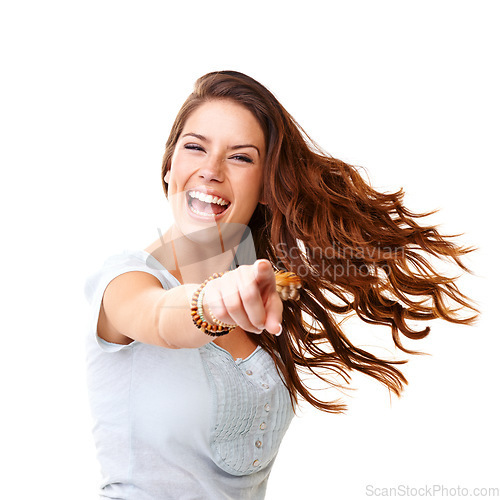 Image of Caught you...Beautiful woman, finger and pointing with happy expression against a white studio background. Portrait of isolated female model posing with smile in happiness standing with hand gesture.