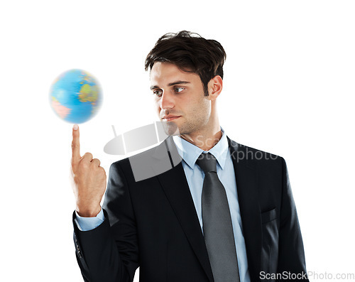 Image of Globe, businessman and earth on finger, sustainability in international industry isolated on white background. Balance, global focus and man with planet in hand, worldwide corporate success in studio