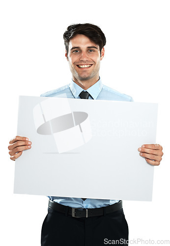 Image of Placard mockup, happiness and portrait businessman with marketing poster, advertising banner or product placement space. Billboard sign, studio mock up and sales model isolated on white background