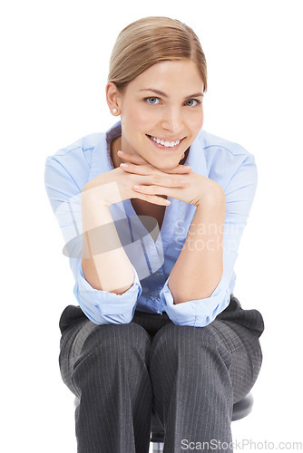 Image of Businesswoman, portrait and smile on chair in white background, studio and happiness. Happy female worker, model and office chair of young employee, entrepreneur and motivation in corporate career