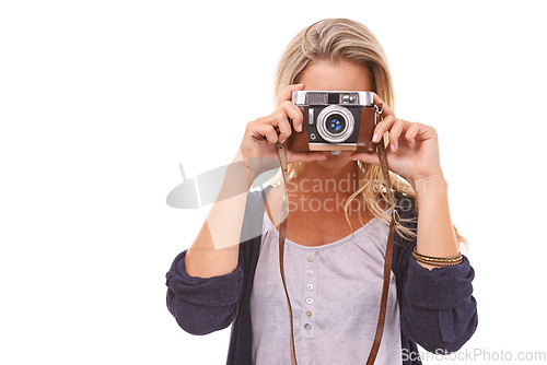 Image of Camera, photographer and mockup with a woman in studio isolated on white background taking a photograph. Vintage, focus or tourism with a female shooting a picture for travel memories on blank space