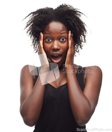 Image of Surprise, wow and portrait of black woman in studio on white background for emoji, facial expression and news. Beauty, amazed face and girl with open mouth for shock, omg results and excited reaction