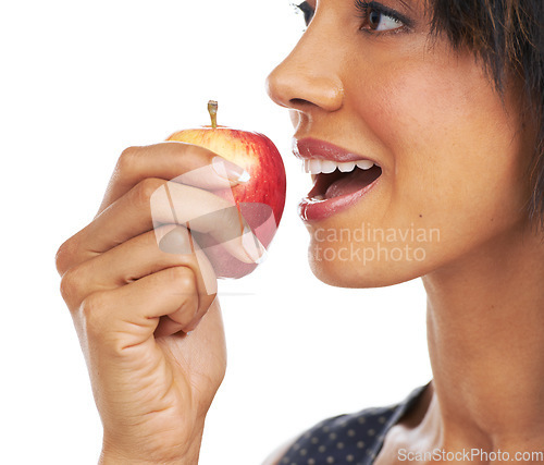 Image of Fruits, diet and woman nutrition with healthy food for diet and organic apple with mock up. Hungry, health model and eating fruits of a black woman with nutrition and weight loss with mockup