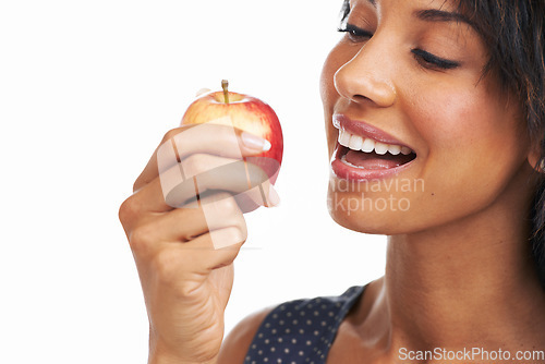 Image of Organic, healthy and black woman with apple ready for nutrition and health food for diet with mock up. Natural, fruit and hungry model with happy smile about snack for weight loss with mockup