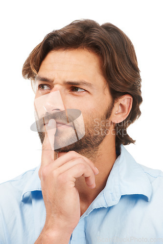 Image of Face, thinking and business man in studio isolated on a white background. Pensive, planning and male entrepreneur, ceo or boss focus, lost in thoughts and contemplating sales or advertising ideas.