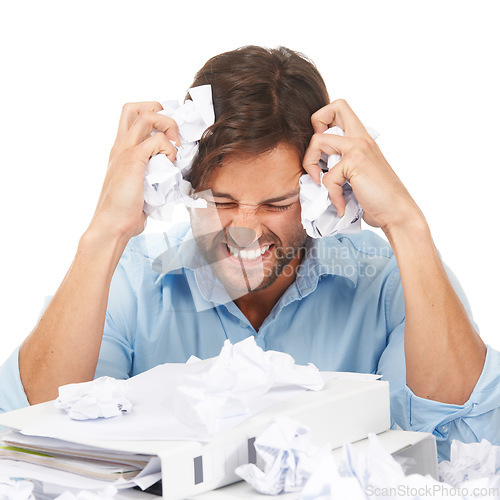 Image of Burnout, stress and businessman with crumpled paper for brainstorming, thinking of bad ideas and strategy. Corporate work, anger and frustrated employee with mess of documents, paperwork and notes