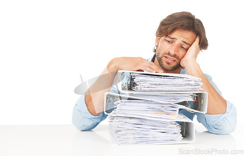 Image of Business document, stress and work headache of a man worker with compliance anxiety about audit. Businessman burnout, tax documents and depressed finance analyst with mental health issue from job