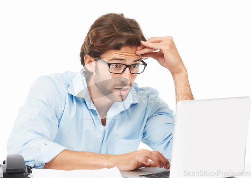 Image of Shock, surprise and businessman on a laptop working on a project with a deadline in a studio. Shocked, wow and professional male employee gasping while doing research on computer by white background.