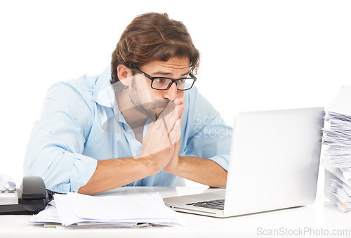 Image of Laptop, praying and business man hope for financial profit, stock market growth or economy investment success. Studio, online bitcoin mining or trader trading crypto, forex or nft on white background