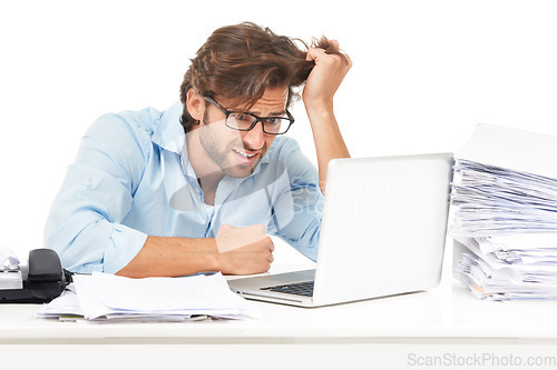 Image of Laptop, stress and documents with a business man frustrated in studio on a white background for work. Computer, paper and pulling hair with a male employee feeling overwhelmed while working online