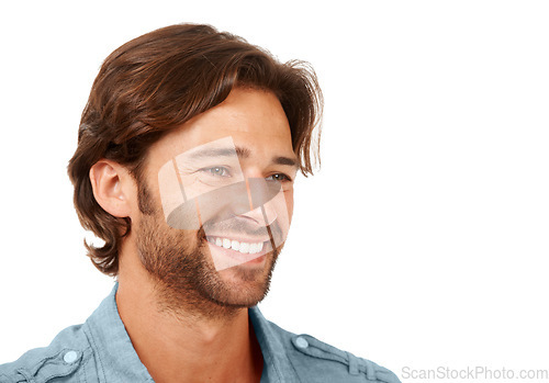 Image of Smile, happy and face of a man thinking of an idea on an isolated white background in a studio. Happiness, content and smiling model with a beard, daydream and thoughtful on a studio background