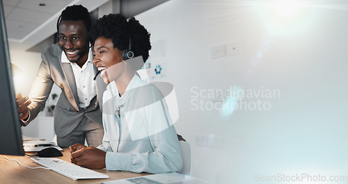 Image of Call center, teamwork mockup and business people success in telemarketing, customer service management or computer tech in office. Black man, happy woman and sales planning, review or online solution