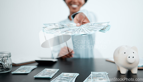 Image of Hand, dollars and black woman with money for payment, financial investment or bribe in office. Currency, finance or business woman offering cash for banking, deal or savings, loan or money laundering