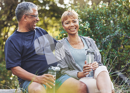 Image of Fitness, portrait or old couple in nature for hiking workout, walking exercise or trekking on holiday vacation. Retirement, healthy or happy woman hugs or bonding with senior partner in a forest park