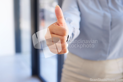 Image of Thumbs up, success and hand of a business woman for thank you, motivation and support. Congratulations, win and zoom on emoji sign of employee for professional agreement, well done and corporate yes