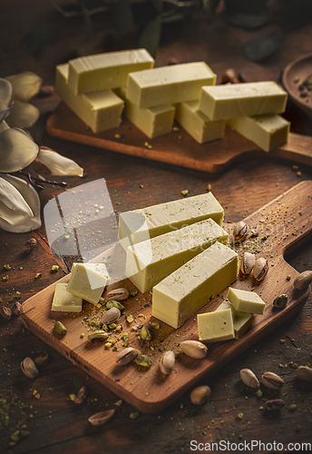 Image of Raw homemade white chocolate with pistachio