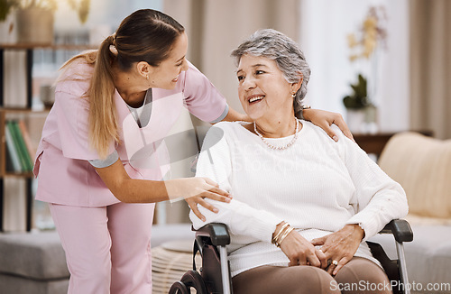 Image of Healthcare, support and caregiver with senior woman for medical help, elderly care and consulting patient. Wheelchair disability, rehabilitation and nurse volunteer at nursing home for charity work