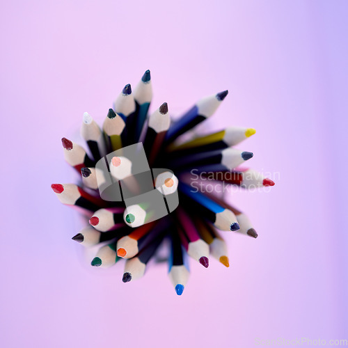 Image of Pencil, color and stationery with top view, school or art supplies zoom for drawing with education and creative. Writing tools, creativity mockup and colorful close up against studio background