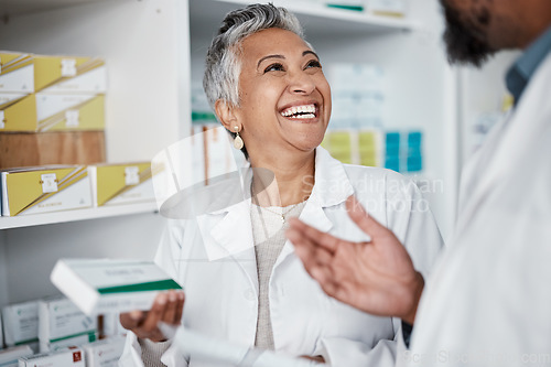 Image of Medicine, pharmacy and pills with woman and customer in store for consulting, shopping and help. Sale, healthcare and advice with pharmacist and patient for product, retail and treatment prescription