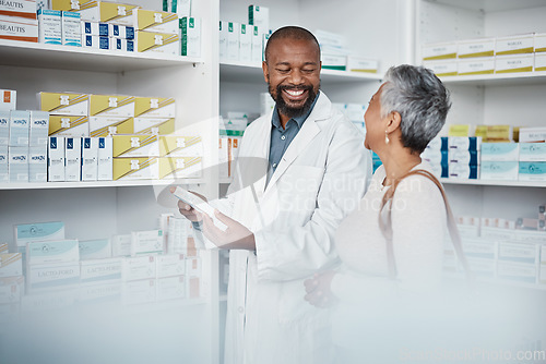 Image of Pharmacy, medicine and senior woman consulting pharmacist on prescription. Healthcare, shopping and elderly female in consultation with medical worker for medication box, pills or product in store.