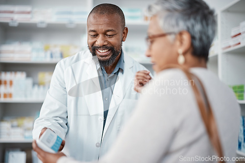 Image of Pharmacy, medicine and senior woman consulting pharmacist on prescription. Healthcare, shopping and elderly female in consultation with medical worker for medication box, pills or product in store.