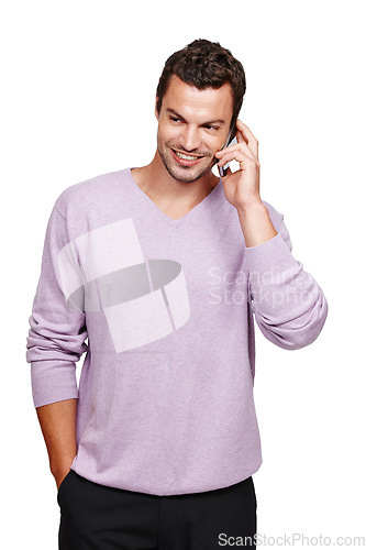 Image of Man, phone call and talking with smile in studio for online communication, mobile phone discussion and happy isolated in white background. Casual person, smartphone and happiness speaking on call