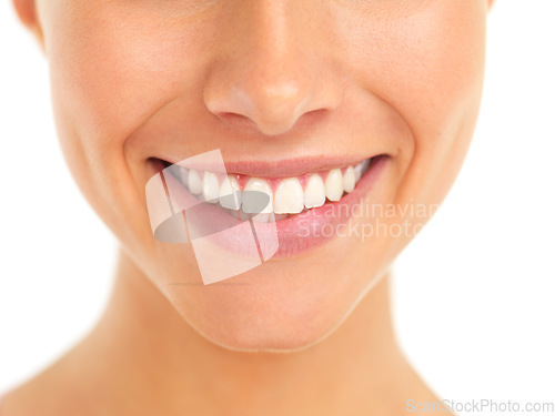 Image of Dental, wellness and woman teeth in studio with a healthy, beautiful and clean cosmetic smile. Happy, closeup and veneers of a female model from Canada with oral hygiene isolated by white background.