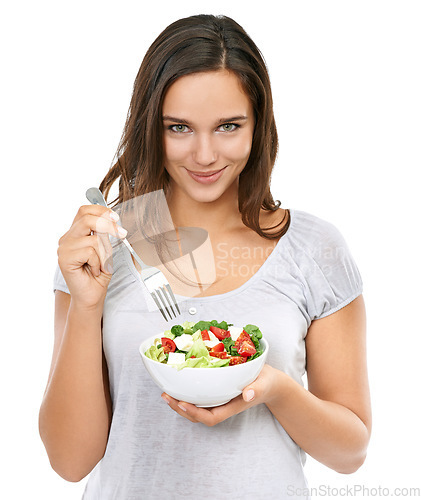 Image of Health girl and portrait with wellness salad for diet nutrition with cheerful and happy smile. Beautiful dieting model excited for healthy food lifestyle on isolated white background.