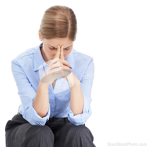 Image of Business woman, hands or stress headache on isolated white background in mental health or anxiety burnout. Thinking corporate worker, worried or employee in company investment or financial tax crisis