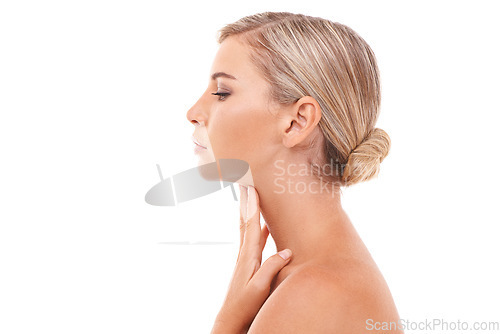 Image of Beauty, skincare and woman in studio for wellness, anti aging and cosmetics on white background. Skin, model and girl relax during self care routine, glowing and content with healthy skin and mockup