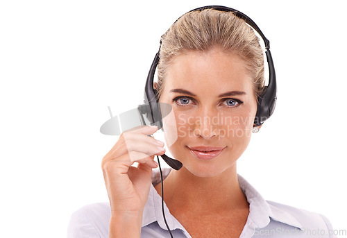 Image of Customer service communication, face portrait and woman talk on contact us CRM, telemarketing or call center. Telecom microphone, customer support and consultant consulting on white background studio