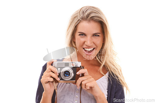 Image of Photographer, studio portrait and woman with camera for vintage photo shooting, picture memory or lens photoshoot. Photography, paparazzi and model with emoji facial expression on white background