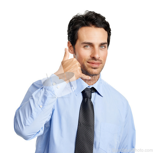 Image of Businessman, studio portrait and call me hand sign with confidence, isolated by backdrop. Corporate executive man, financial advisor or phone hands for finance communication by white background