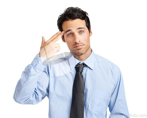 Image of Portrait of businessman, gun gesture and unhappy work environment with depression and stress on white background. Mental health, frustrated sad worker and man with hand sign shooting head for anxiety
