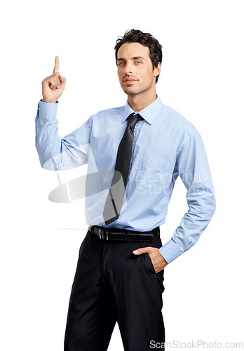 Image of Portrait of businessman, hand and thinking finger on studio background with company vision, innovation and growth mindset. Corporate worker, employee questions and ideas on mockup branding backdrop