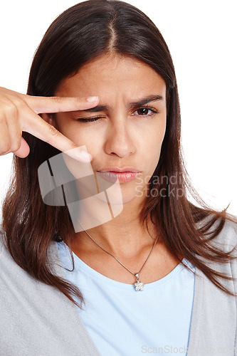 Image of Peace sign, funny and woman portrait of a model with a pout, comic and duck face, White background, isolated and vertical female pose with comedy and joke hand sign with wink alone in studio