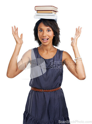 Image of Portrait, student or black woman with books, balance or anxiety in studio frustrated with learning. Education, stressed or African school girl in university or college with notebooks for development