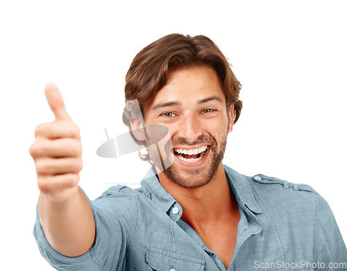 Image of Thumbs up, OK and man with smile, portrait with hand sign, yes and thank you with feedback against white background. Happy man, agreement and success with motivation for winner and vote in portrait