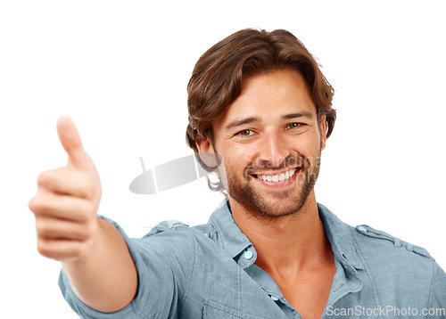 Image of Thumbs up, OK and man with smile, face with hand sign, yes and thank you with feedback against white background. Happy man, agreement and success with motivation for winner and vote in portrait