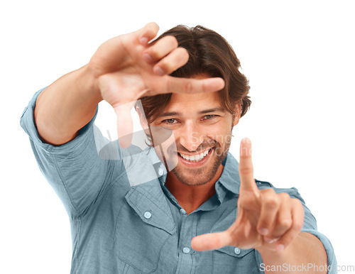 Image of Happy, portrait and man with hand frame for idea, creativity and inspiration with excited smile. Happiness, photography and perspective of creative guy model at white studio background.