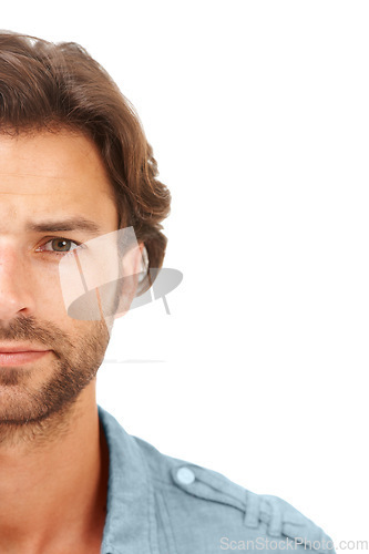 Image of Half face, portrait and man in a studio with mockup space for marketing or advertisement. Natural, young and handsome male model isolated by a white background with mock up for product placement.