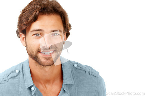 Image of Portrait, casual and man with smile, success and happy guy isolated on white studio background. Canada, male and gentleman with confidence, weekend and break to relax, calm and chill for holiday