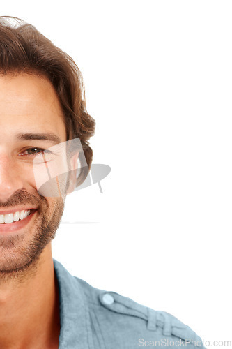 Image of Happy, man and portrait of a model face with a smile and beard with isolated white background. Happiness, smiling and person alone feeling positive and joy standing with mockup space in studio