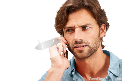 Image of Scam phone call, confused and face of businessman on a white background for talking, discussion and communication. A spam, network and entrepreneur with stress, issue and problem on mobile phone