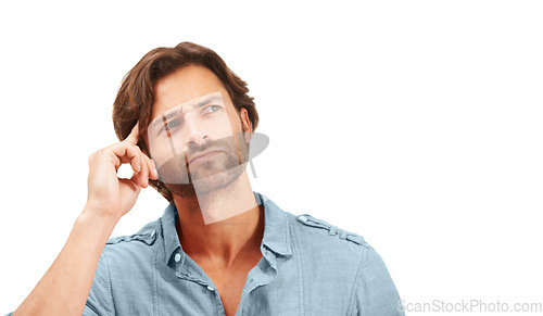 Image of Creative businessman, thinking and wondering for idea, solution or thought against a white studio background. Isolated man with thoughtful expression pondering in contemplation for startup on mockup