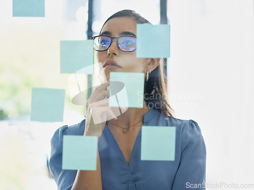Image of Thinking, sticky note or business woman problem solving with marketing strategy solutions or advertising ideas. Focus, business growth or creative manager with vision planning a development project