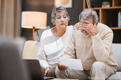 Image of Stress, finance and senior couple planning retirement, mortgage anxiety and sad about pension paperwork. Depression, audit and elderly man and woman with a financial crisis and insurance mistake